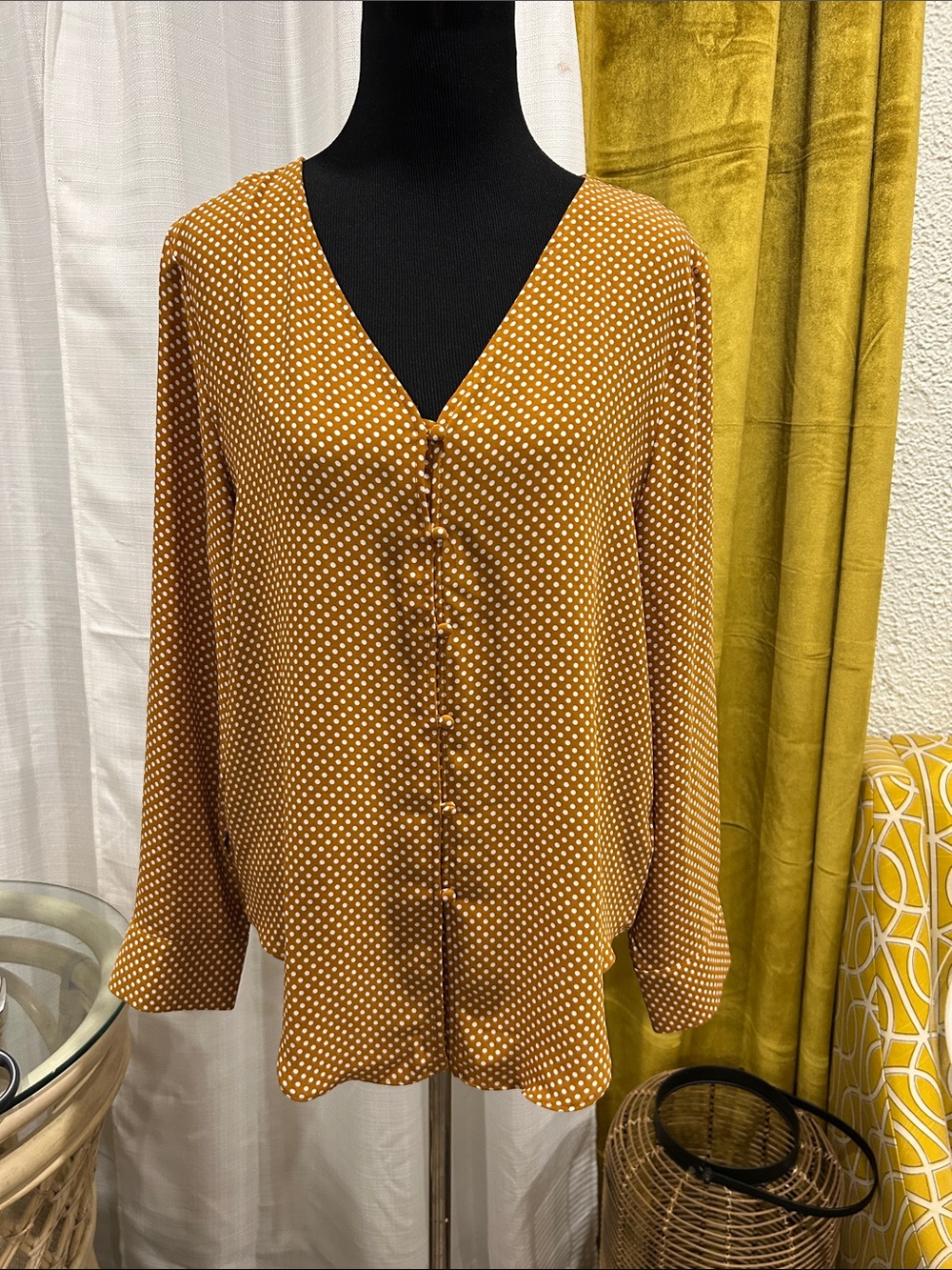 Rachel Zoe Mustard Polka Dot Button-Down Blouse